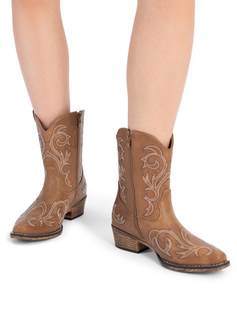 Dream Pairs Brown Embroidered Mid-Calf Heeled Boots